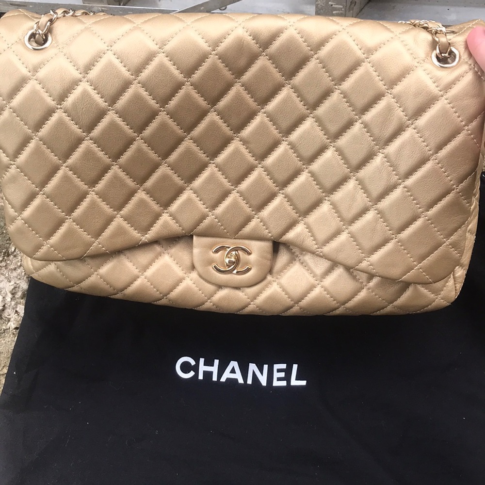 19B Metallic Calfskin Quilted XL Small Gold Travel Single Flap Chanel